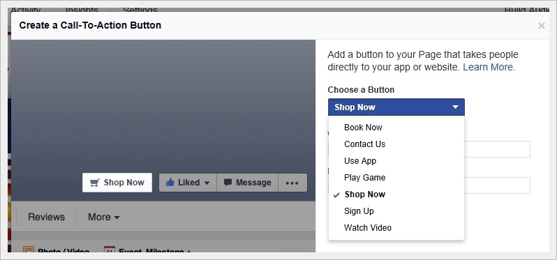 Facebook Call to Action options
